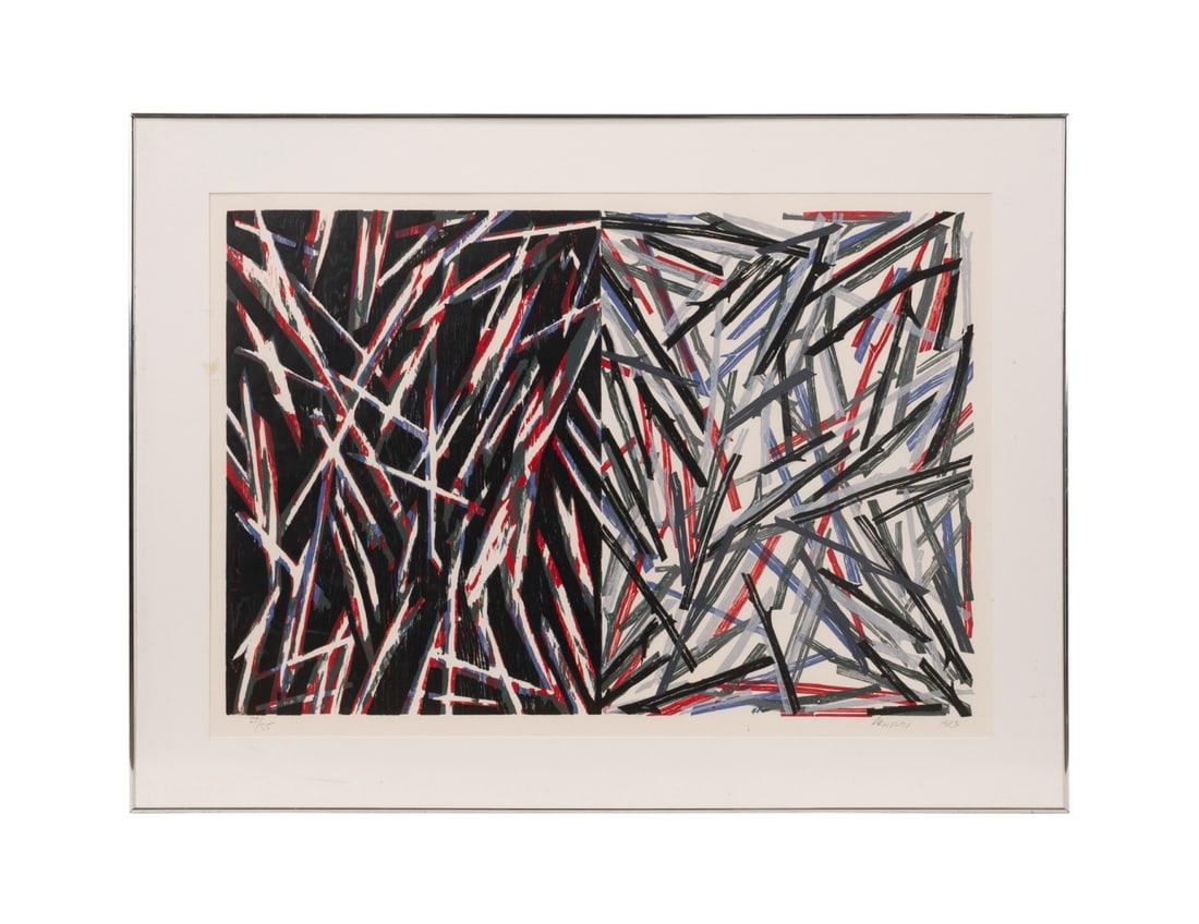 CHARLES ARNOLDI 'UNTITLED #3' 1983 COLOR WOODCUT: Charles Arnoldi (American, born 1946). "Untitled #3" - 1983, color woodcut on wove paper, pencil signed to LR, numbered 27/55 to LL. Printed and published by New City Editions, Venice, CA. Framed. App