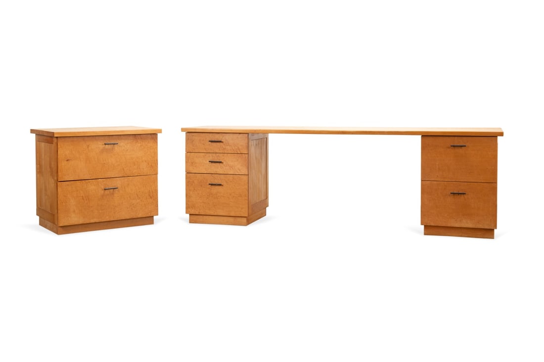 ROBERT ERICKSON MAPLE CREDENZA AND FILE CABINET: Robert Erickson (American, born 1947), circa 1991. Two pieces of Studio benchmade maple and birdseye maple office furniture comprising a 5-drawer credenza and a 2-drawer file cabinet, apparently unmar