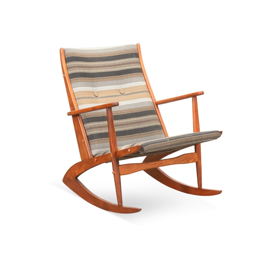 SOREN GEORG JENSEN DANISH MODERN ROCKING CHAIR: Soren Georg Jensen (Danish, 1917-1982) for Kubus Mobler (Danish), designed circa 1960. Danish Modern teak rocking chair, having an upholstered back and seat, apparently unmarked. Note: Another designe