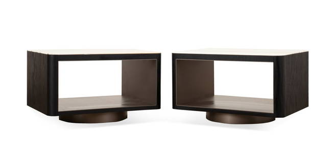 DORDONI FOR MINOTTI ZEBRINO MARBLE TOP NIGHTSTANDS: Rodolfo Dordoni (Italian, born 1954) for Minotti (Italian, founded 1948). Pair of Milton nightstand or side tables, with zebrino marble tops, dark stained oak veneer, open compartments, and raised on