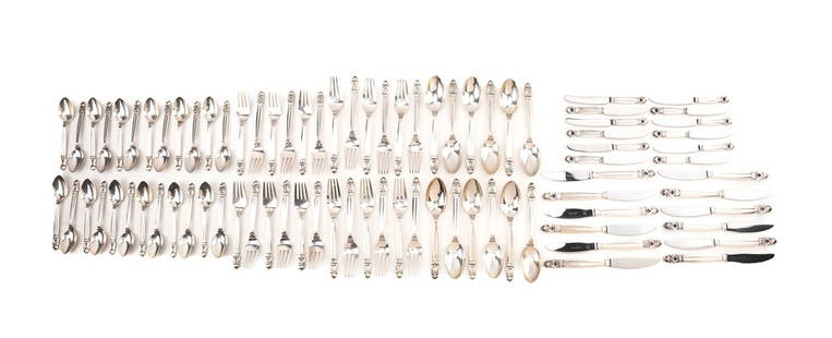 GEORG JENSEN 'ACORN' STERLING FLATWARE FOR 12: Georg Jensen, (Danish, founded 1904. 84 piece "Acorn" (pattern introduced 1915) sterling silver flatware service for 12 comprising, 12 forks (7.5"), 12 salad forks (6.625"), 12 dessert / place spoons