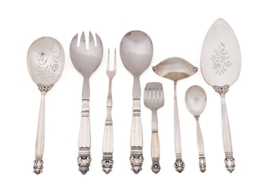 SEVEN GEORG JENSEN 'ACORN' STERLING SERVING PIECES