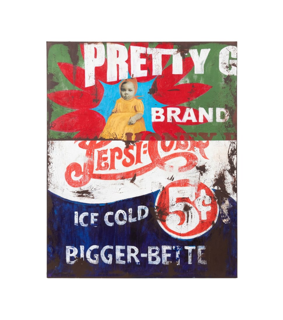 CEDRIC SMITH, 'PEPSI-COLA', MIXED MEDIA, 2004: Cedric Smith (American (Georgia), born 1970). "Pepsi-Cola" - 2004, oil and mixed media on canvas, signed, titled, and dated to verso. Unframed Provenance: Private Collection, Savannah, GA. Approximate