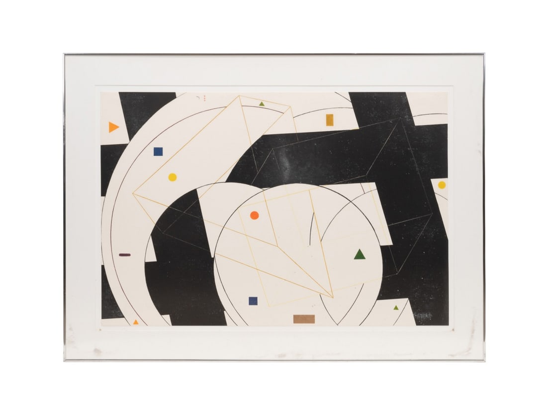 AL HELD, 'STONE RIDGE 1' ETCHING, 1983: Al Held (American, 1928-2005). "Stone Ridge 1" - 1983, color etching on paper, apparently unsigned. From the edition of 65. Framed. Approximate dimensions: sheet h. 26.5", w. 39.5"; frame h. 35.25", w