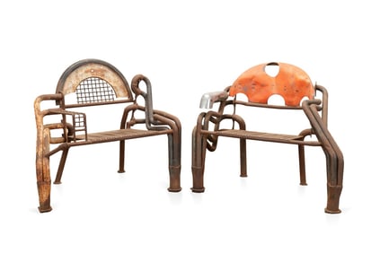 TWO SALVAGED MIXED METAL BENCHES, MANNER CHANDLER