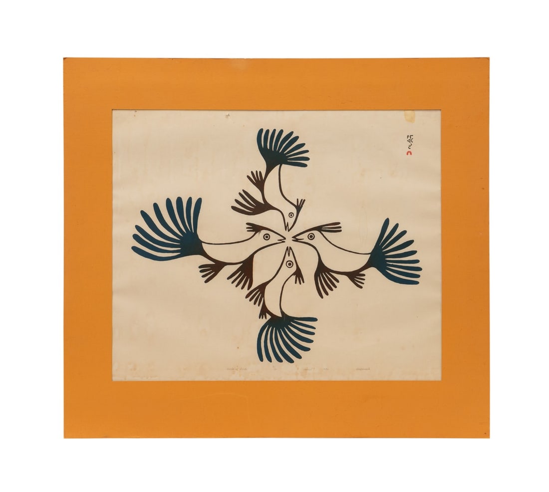 KINGMEATA ETIDLOOIE 'CIRCLE OF BIRDS' 1972, 31/50: Kingmeata Etidlooie (Canadian (Kinngait / Cape Dorset) 1915-1989). "Circle of Birds" 1972, stonecut on paper, pencil signed to LR, dated, numbered 31/50 and titled to LC. Unframed. Provenance: Private