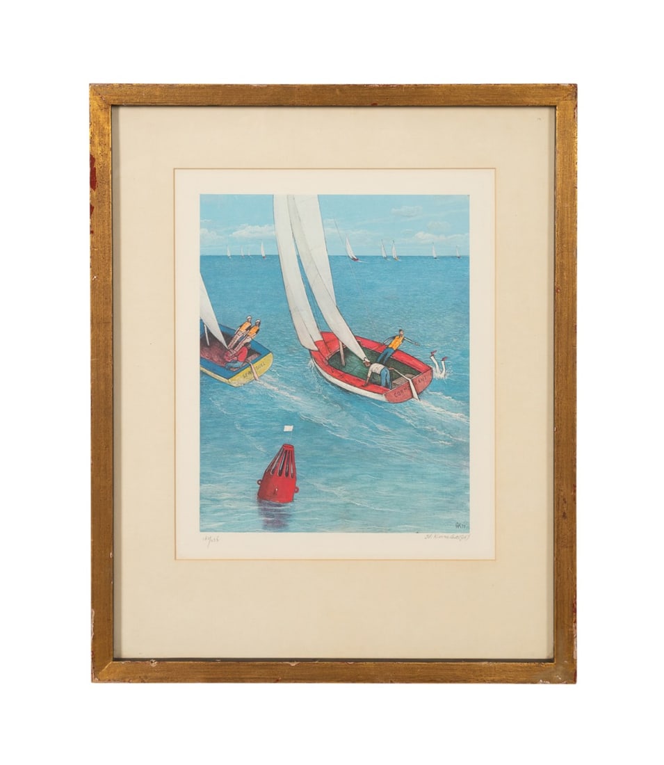 W. KURELEK 'BOAT RACE' SAILING LITHOGRAPH, 1977: William Kurelek, (Canadian, 1927-1977). "Boat Race (The Sports Folio)" - 1977, color lithograph on paper, pencil signed to LR, numbered 182/225 to LL. Framed. Provenance: Private Collection, Roanoke,