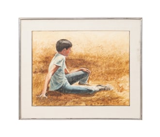 KEN DANBY, SEATED BOY IN FIELD WATERCOLOR, 1968