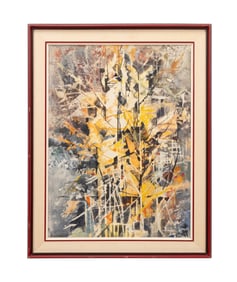 PETER HAWORTH, AUTUMN TREE ABSTRACT OIL ON BOARD