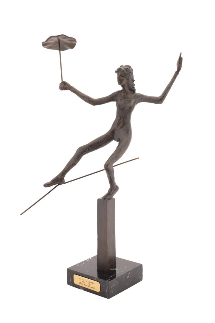 VICTOR SALMONES, 'THE TIGHTROPE', BRONZE, AP: Victor Salmones (Mexican, 1937-1989). "La Cuerda Floja" or "The Tightrope" - last quarter 20th century, cast bronze, signed in mold to back of bronze plinth with "B - 17" and "P/A", prueba del artista