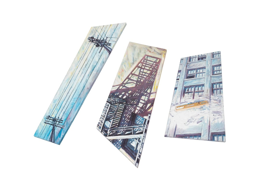 JOE AMRHEIN 'LINEAR' 3PC LAYERED OIL ON CANVAS: Joe Amrhein (American, born 1953). "Linear" - 1986, three building scene oil on canvas layered to create one building, signed and dated to LR on fire escape panel, label to verso for Turske & Whitney