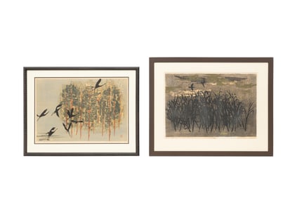 TWO SHIMA TAMAMI BIRDS OVER MARSH WOODBLOCK PRINTS