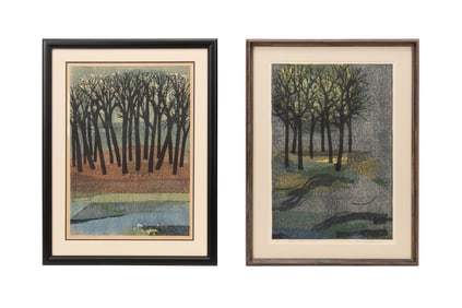 TWO SHIMA TAMAMI FOREST WOODBLOCK PRINTS