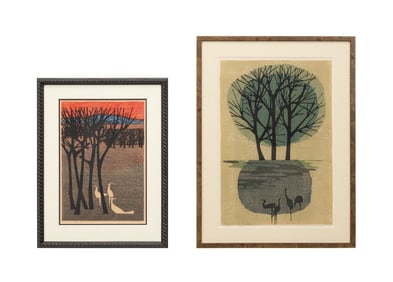 TWO SHIMA TAMAMI TREE WOODBLOCK PRINTS