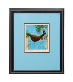 ROSIE CLARK BEAR HOLDING TREE OIL ON SCRATCHBOARD