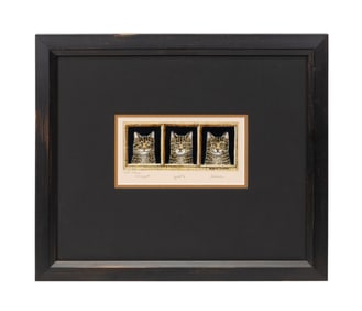 ROSIE CLARK THREE CATS OIL ON SCRATCHBOARD