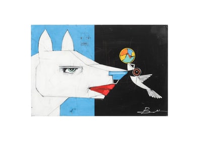 MICHAEL BANKS, WHITE DOG WITH A BIRD, 2024 ACRYLIC