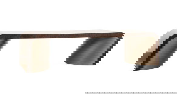 EUCALYPTUS VENEER MODERN WATERFALL COFFEE TABLE: Caracole Furniture (American, founded 2009), contemporary. "Streamline" waterfall cocktail or coffee table, with figured eucalyptus veneer and bronze color interior side pedestals, apparently unmarked
