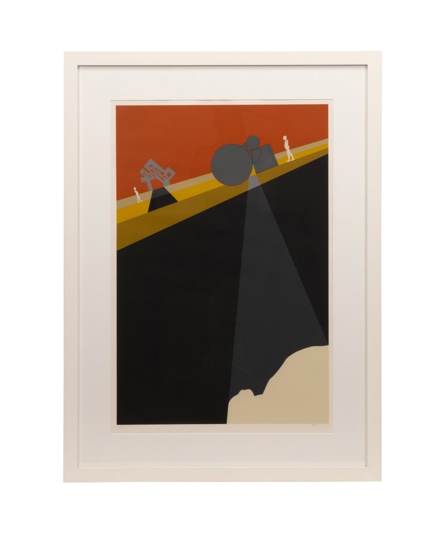 ERNEST TROVA, (SERIES 75) 1975 SCREENPRINT 126/150: Ernest Trova (American, 1927-2009). Untitled (from Series 75) - 1975, color screenprint on paper, pencil signed and dated to LR, numbered 126/150 to LL. Framed. Approximate dimensions: image h. 35.875