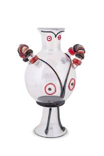 OWL GLASS VASE, MANNER OF NAZON AFTER PICASSO: Manner of Ermanno Nazon, aka Nason (Italian, born 1928) for I.V.R. Mazzega (Murano, Italy) after a design by Pablo Picasso (Spanish, 1881-1973). Untitled - Owl (Gufo) / Amphora - double handled vase d