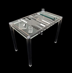 LUCITE BACKGAMMON TABLE WITH PLAYING PIECES
