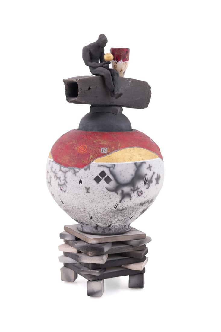 R. CARLSON, 'SILENT CONTEMPLATION', STUDIO POTTERY: Robert Carlson (American, 1951-2008). "Silent Contemplation" - 20th century, raku pottery, enamel paint, gold leaf, signed to the underside with monogram and "5". Note: Another title for this work is