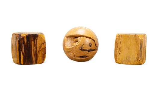 PAIR OF TURNED WOODEN CUBES AND A SPHERE