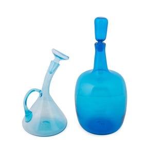 BLENKO, TWO BLUE ART GLASS DECANTERS