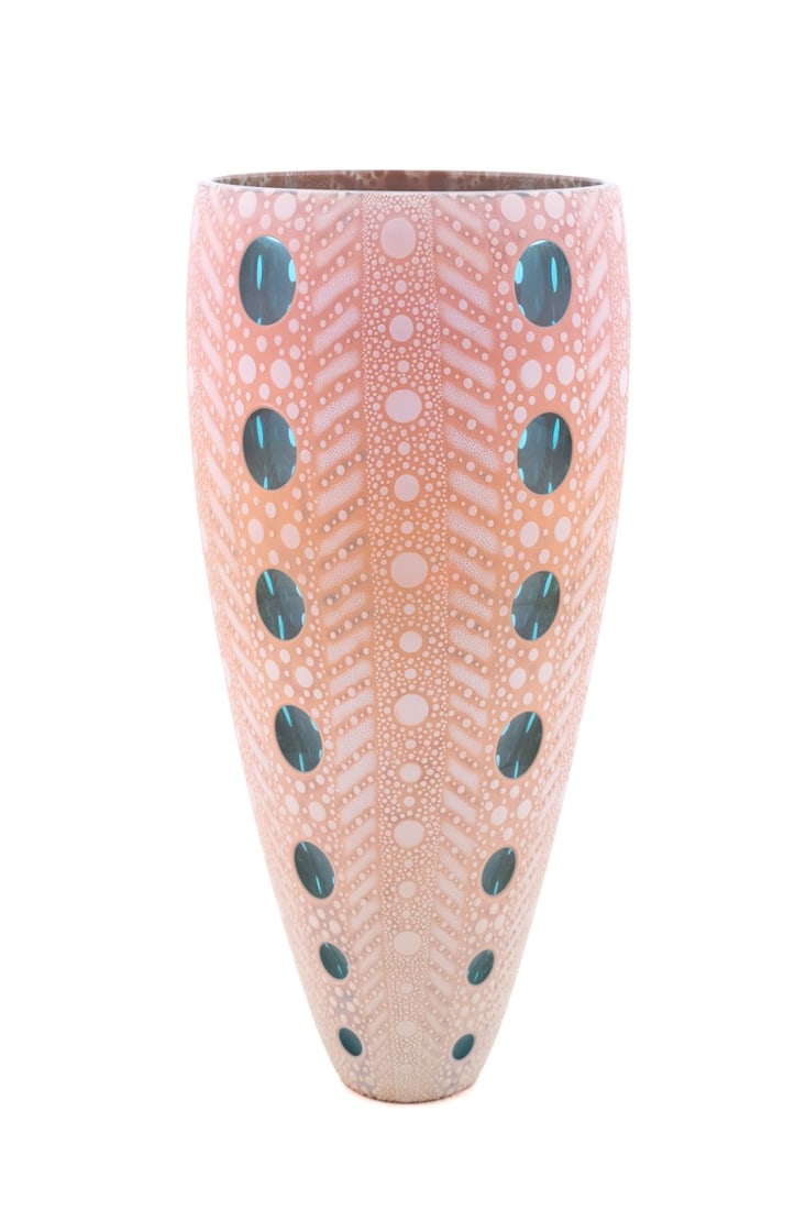 KEVIN GORDON 'SEA URCHIN' GLASS VASE 2008: Kevin Gordon (Norwegian / Australian, born 1968). "Sea Urchin" - 2008, blown, fused, engraved glass vase having incised prisms and lenses, signed, dated, and titled to underside. Approximate dimension