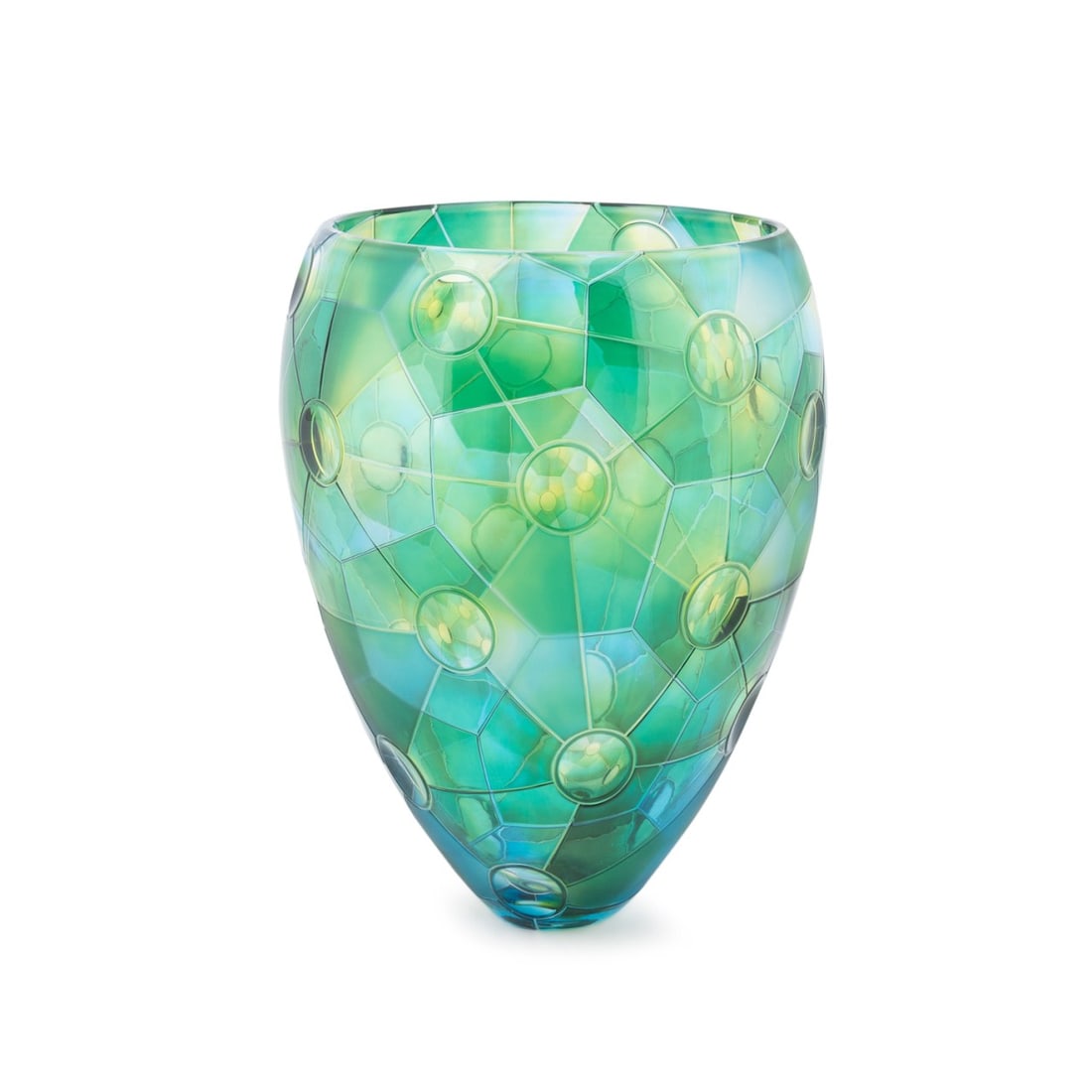 KEVIN GORDON, GREEN 'FRACTAL' GLASS PRISM VASE: Kevin Gordon (Norwegian / Australian, born 1968). "Fractal" in green - 2007, blown, fused, engraved glass having incised prisms and lenses, signed, dated, and titled to underside. Note: Acquired Sydne