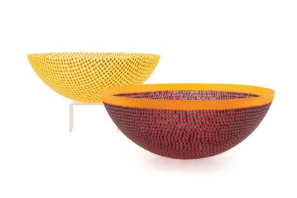 MEL MUNSEN, TWO MURRINE GLASS BOWLS; RED & YELLOW
