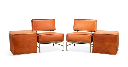 PAIR, GARZA MARFA SADDLE LEATHER CHAIRS & OTTOMANS
