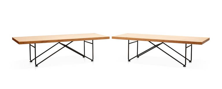 PAIR, GARZA MARFA SOLID WOOD & STEEL COFFEE TABLES: Garza Marfa (American (Texas), founded 2010). Pair of modern and industrial style coffee tables, with a solid wood top and tubular steel legs, maker's mark to underside. Provenance: Private