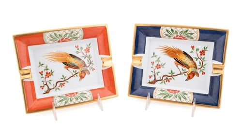 HERMES, PAIR OF PAINTED PORCELAIN ASHTRAYS