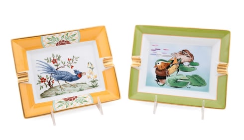HERMES, PAIR OF PAINTED PORCELAIN ASHTRAYS
