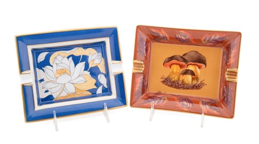 HERMES, PAIR OF PAINTED PORCELAIN ASHTRAYS