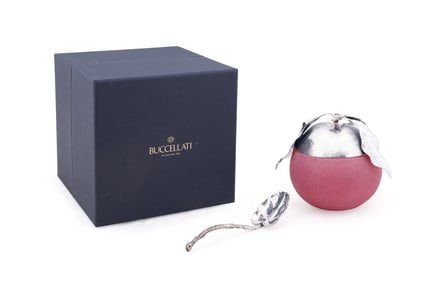 BUCCELLATI STERLING & PURPLE GLASS JAM JAR & SPOON