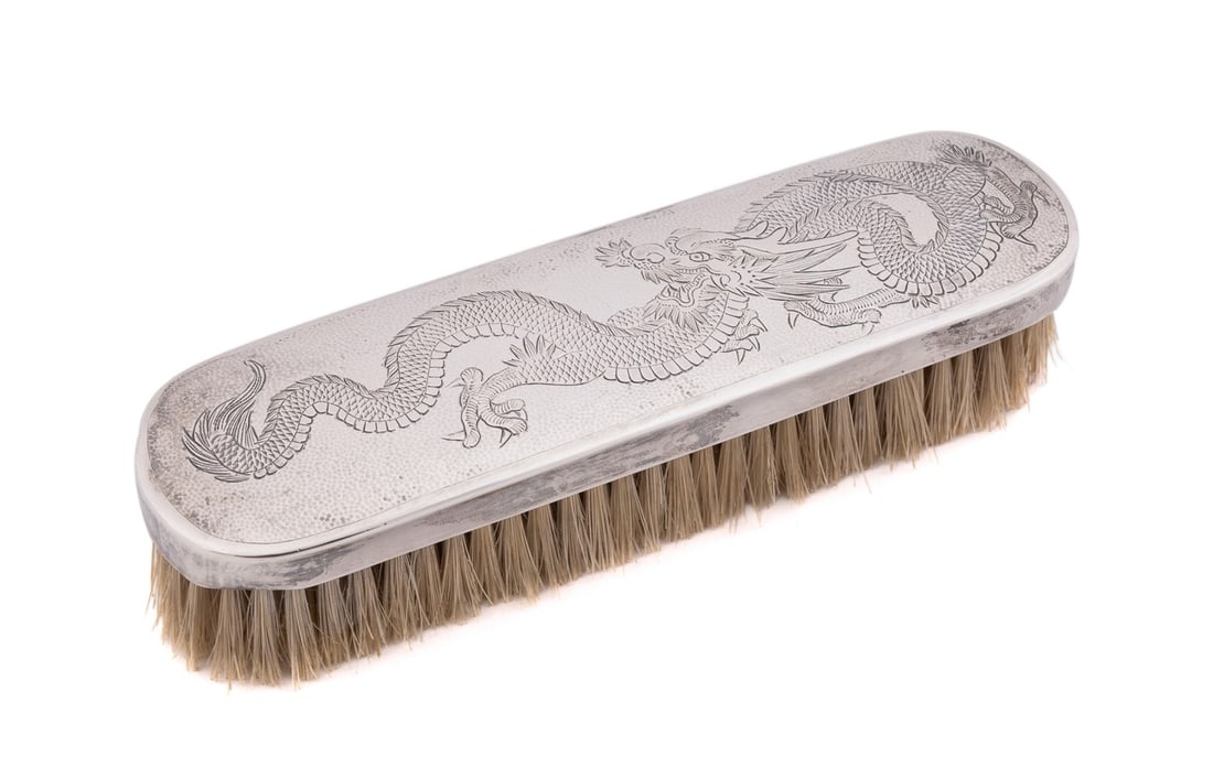 CHINESE EXPORT SILVER DRAGON MOTIF BRUSH, C. 1920 (1 of 8)