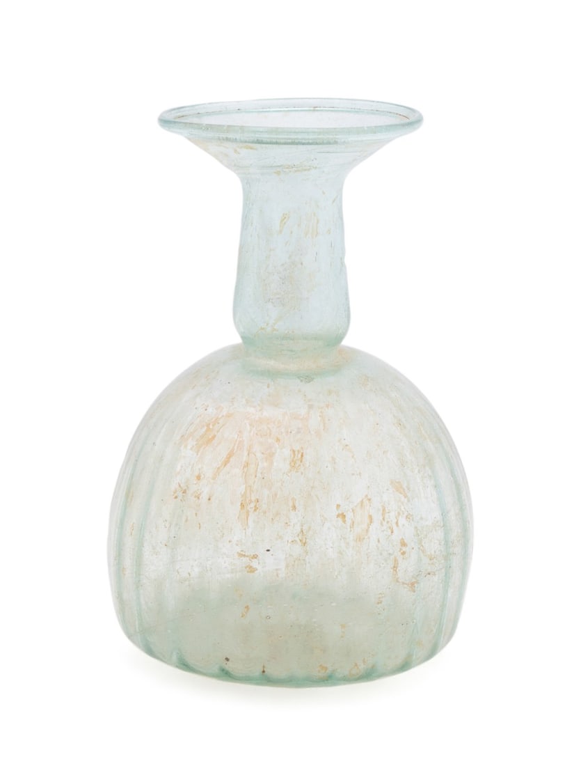 ROMAN GLASS SPHERICAL FLASK, 2ND-3RD C. AD: Roman Empire, 2nd - 3rd century AD. Greenish blue glass flask having a spherical body and vertical ribbing. Note: Accompanied by Jerome Eisenberg PhD, AAA, Appraisal, 1988. Provenance: Private Collect