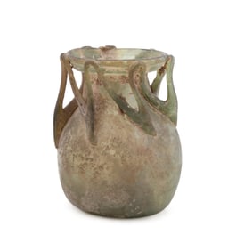 ANCIENT ROMAN BULBOUS GLASS JAR WITH THREADS