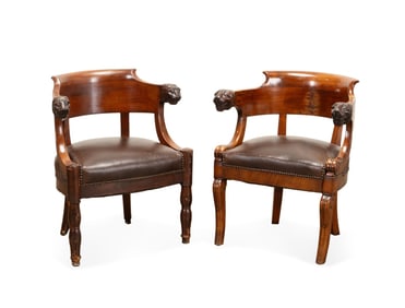 NEAR PAIR, 19TH C. ENGLISH LION'S HEAD ARMCHAIRS