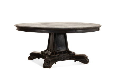 19TH C. REGENCY EBONIZED ROUND DINING TABLE: Anglo-Indian, mid 19th century. Regency or William IV ebonized mahogany round dining table, supported on a tapered pedestal with foliate and scroll motif, apparently unmarked. Provenance: Private Coll