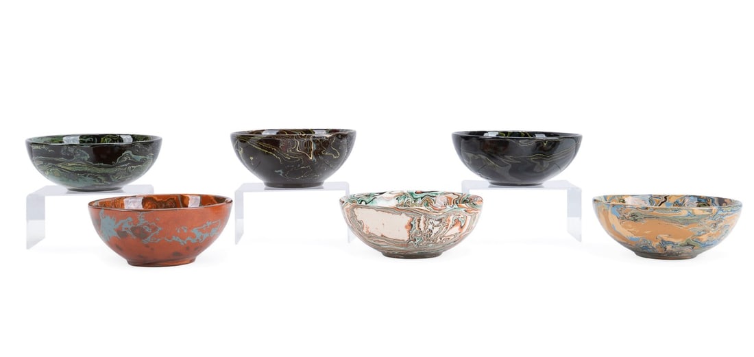 GROUP OF SIX 4.75" TERRE MELEE BOWLS WITH FOOT: Sylvie Saint-Andre Perrin (French (Paris), contemporary). Group of six Terre Melee (Aptware) glazed marbled terracotta bowls with foot, all with maker's mark to underside. Note: this massive collectio