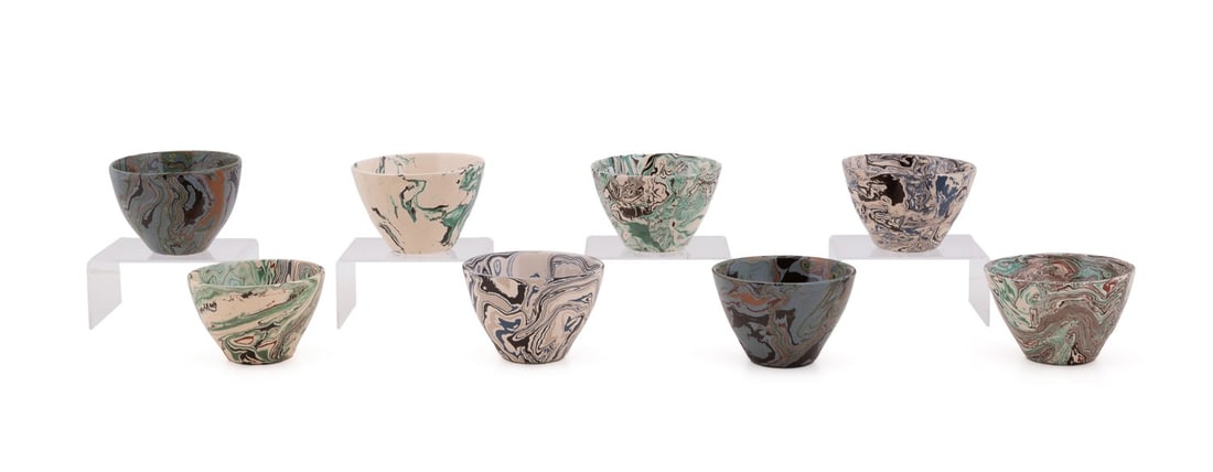 GROUP OF 8 TERRE MELEE GOBLETS: Sylvie Saint-Andre Perrin (French (Paris), contemporary). Group of eight Terre Melee (Aptware) glazed marbled terracotta goblets, all with maker's mark. Note: this massive collection of terre melee wa