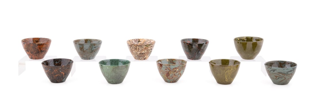 GROUP OF 10 TERRE MELEE GOBLETS: Sylvie Saint-Andre Perrin (French (Paris), contemporary). Group of ten Terre Melee (Aptware) glazed marbled terracotta goblets, all with maker's mark. Note: this massive collection of terre melee was
