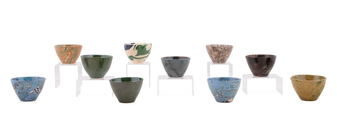 GROUP OF TEN TERRE MELEE GOBLETS: Sylvie Saint-Andre Perrin (French (Paris), contemporary). Group of ten Terre Melee (Aptware) glazed marbled terracotta goblets, all with maker's mark. Note: this massive collection of terre melee was