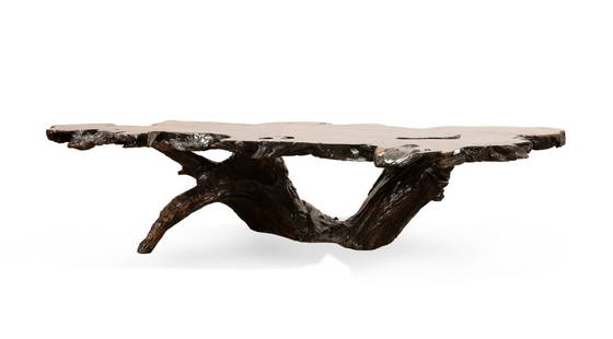NATURAL LIVE EDGE ROOT WOOD COFFEE TABLE: Vintage free edge root wood coffee table, apparently unmarked. Provenance: Private Collection of Alton Arnall Thomasson, Newnan, GA. Approximate dimensions: h. 16.5", w. 71.5", d. 33.5".