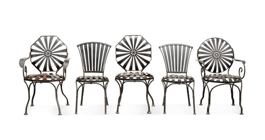 5 FRANCOIS CARRE BLACK STEEL SUNBURST PATIO CHAIRS