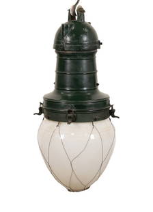 VINTAGE INDUSTRIAL GREEN STREET LIGHT CHANDELIER: Vintage industrial street light chandelier, having a green painted metal lamp base and tear drop form globe, apparently unmarked. Provenance: Private Collection of Alton Arnall Thomasson, Newnan, GA.