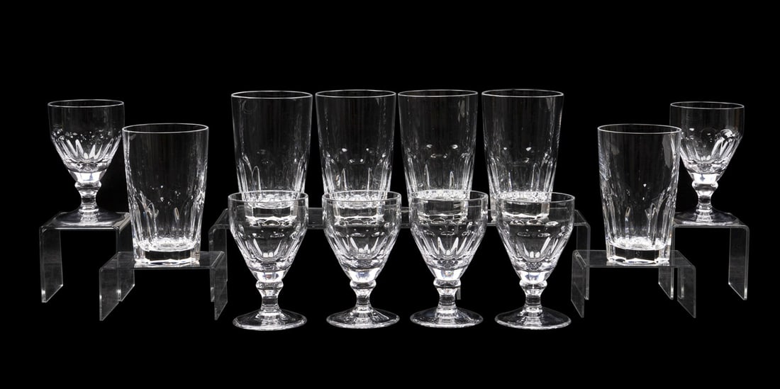 WILLIAM YEOWARD, GROUP OF 12 CRYSTAL GLASSES: William Yeoward (English, founded 1995). Group of 12 crystal glasses, including six "Iona" small wine glasses, each rising on a round foot, and six "Davina" highball glasses, all marked appropriately